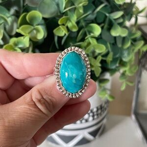 Vintage large oval Turquoise & Sterling Silver Native American Ring Signed R.